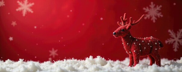 Reindeer wool ornament on red background with snow, red, decoration