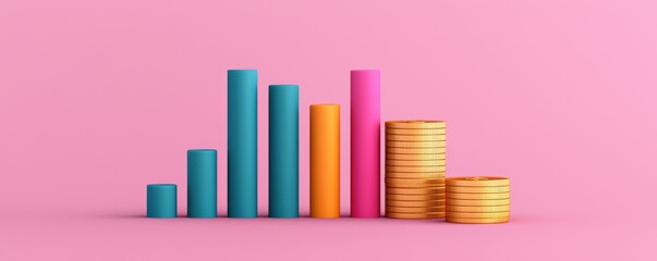 Obraz premium Colorful financial growth chart with coins on a pink background.