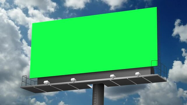 Empty billboard with chroma key green screen, on blue sky with clouds, advertisement concept, screen, green background