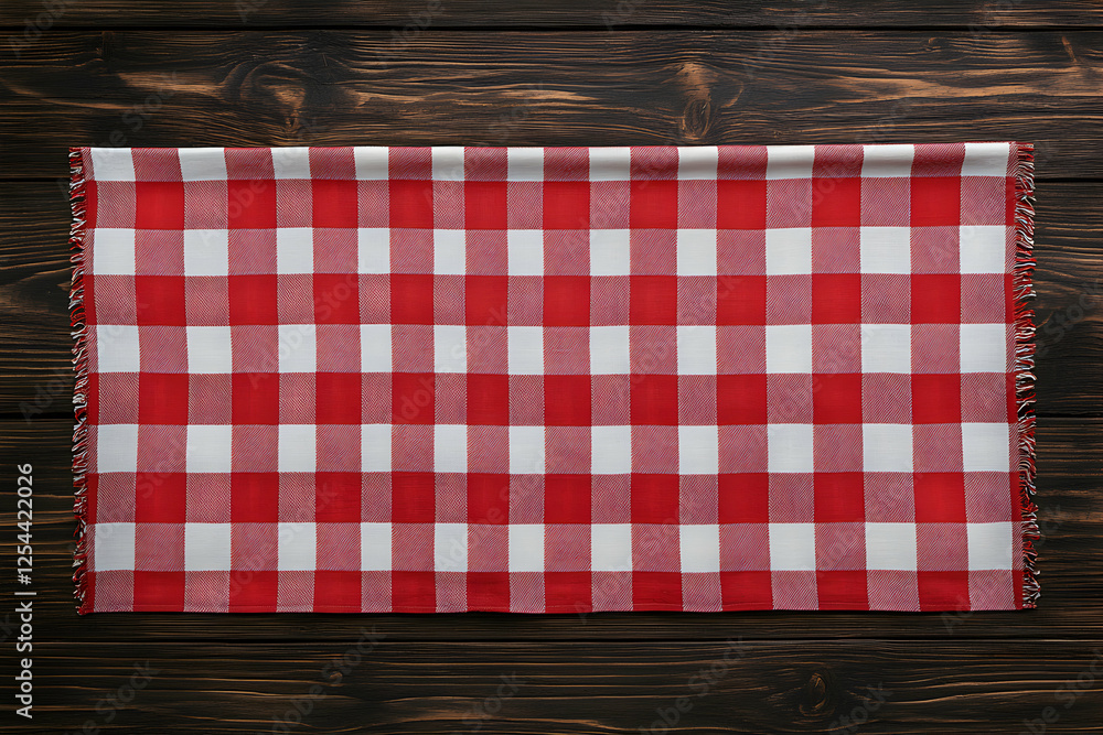 Poster a red and white gingham tablecloth spread flat on a dark wood table creating a rustic and charming b