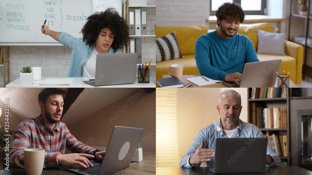Poster a group of diverse individuals participates in online classes from various home settings, focused on
