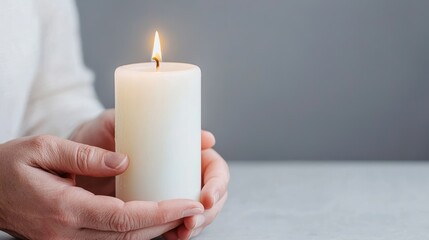 Hands holding lit candle, grey background, peaceful moment, sympathy card
