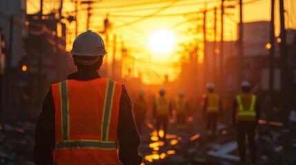 Obraz premium Worker in Safety Vest Overseeing Scene of Disaster Recovery Efforts During Sunset with Many Colleagues Walking in Background