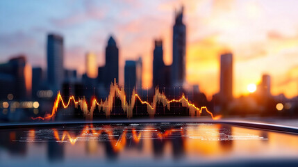 digital tablet displays fluctuating financial graphs against city skyline at sunset, symbolizing integration of technology and finance