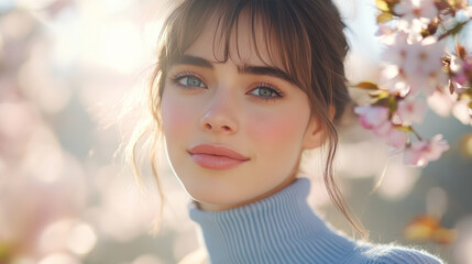 Brunette woman in blue ribbed necks enjoys fresh air in park with cherry blossom