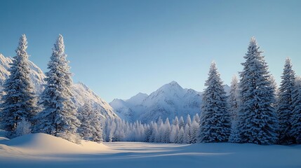 Snow covered pines stand tall against a majestic winter mountain range