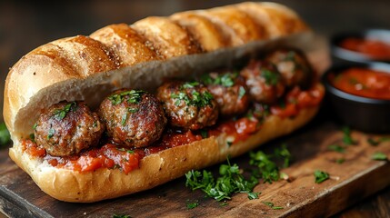 A delicious meatball sandwich featuring juicy, herb-seasoned meatballs in a fresh hoagie roll, topped with marinara sauce, parsley, and served with side dipping sauces.