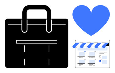 Black briefcase represents business, blue heart symbolizes passion or customer love, storefront icon for e-commerce. Ideal for online shopping, small business, digital marketing, e-commerce, love