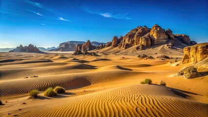 Desert Landscape with Sand Dunes Under Clear Blue Sky, rocky outcrops, dry terrain, rocky outcrops,dry terrain