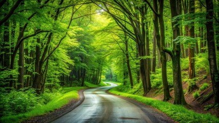 Obraz premium Forest Road Winding Through Lush Greenery, forest trail, woodland road, forest trail