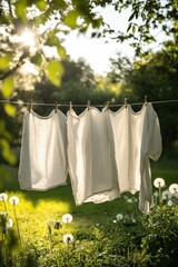 Sunlight Drenched Linen Hanging on Clothesline in a Lush Green Garden