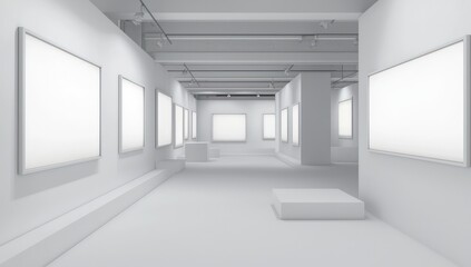 3D gallery model with white walls, soft lighting, and blank frames, ideal for virtual art exhibitions.