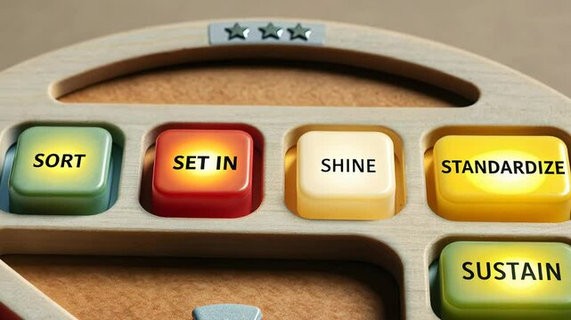 The 5S Sort Set in Order Shine Standardize and Sustain, Colorful buttons on a wooden board for organization.