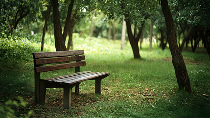 Naklejka premium A serene resting place, Empty wooden bench nestled amid verdant trees in a tranquil park setting, inviting relaxation and peaceful contemplation