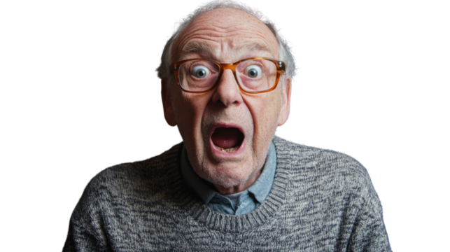 Surprised elderly man with wide eyes and open mouth