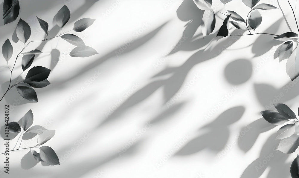 Poster subtle monochrome botanical design featuring delicate leaf silhouettes and soft lighting casting int
