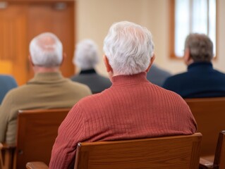 Elderly men sitting in a meeting, reflecting on shared experiences.