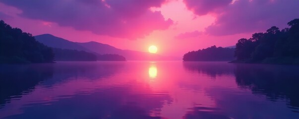 Soft purple glow of sunset on the surface of a peaceful lake during sunset, glow, sunset, twilight