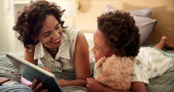 Happy mom, child and planning travel with tablet on bed for holiday trip, vacation or weekend at home. Mother, kid or son with smile on technology for online app, booking or checking places to stay