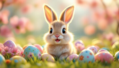 Adorable Easter Bunny with Colorful Eggs in Spring