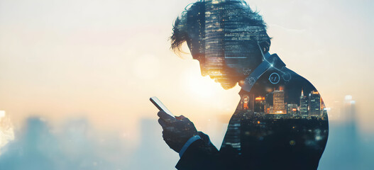 Urban Tech Visionary, A double exposure portrait of a man using a mobile phone with cityscape and digital network overlays, symbolizing innovation