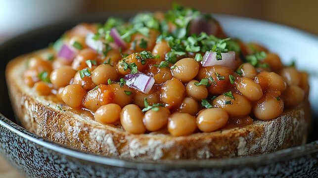 A delicious plate featuring beans on toast, garnished with fresh herbs and onions. Perfect for breakfast or lunch, showcasing a comforting and hearty meal.