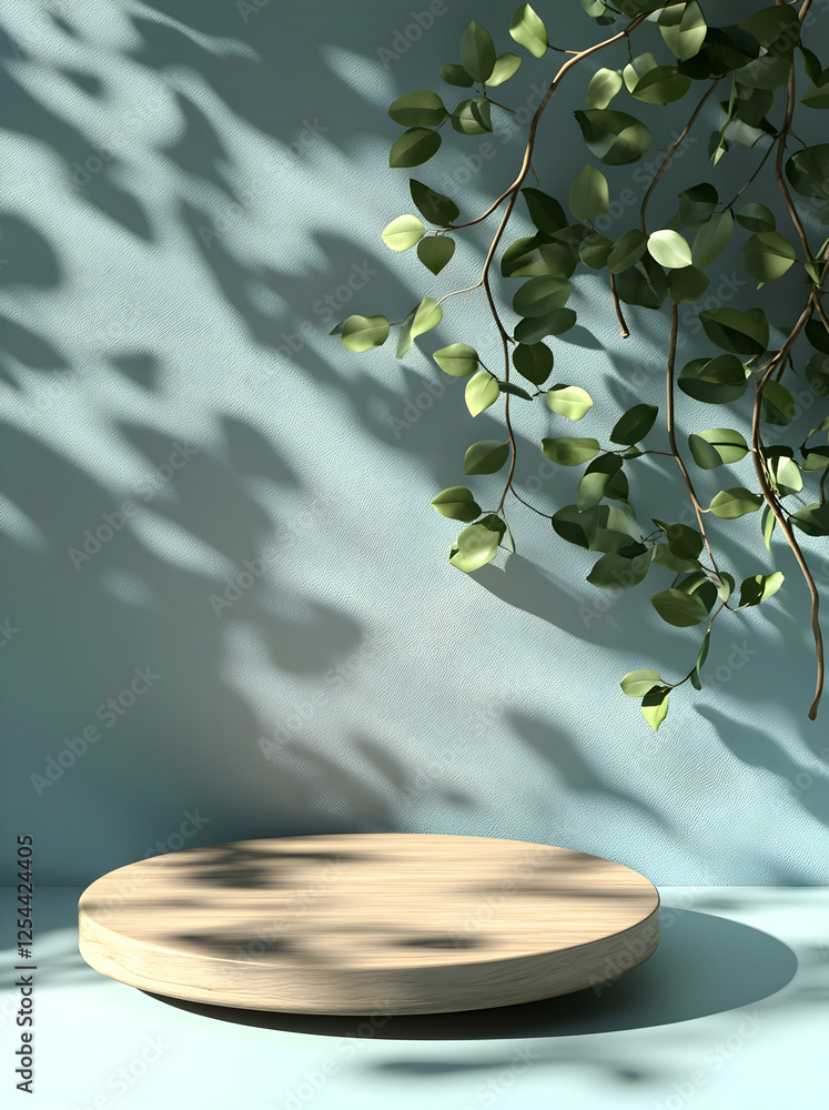 Poster minimalist display podium accented with fresh greenery casting soft shadows, bathed in gentle sunlig