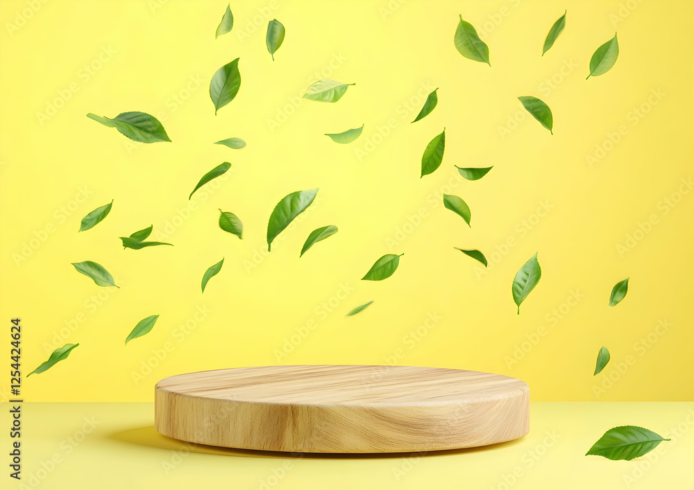 Poster elevated wooden platform on a vibrant backdrop with dynamically scattered leaves creating a sense of