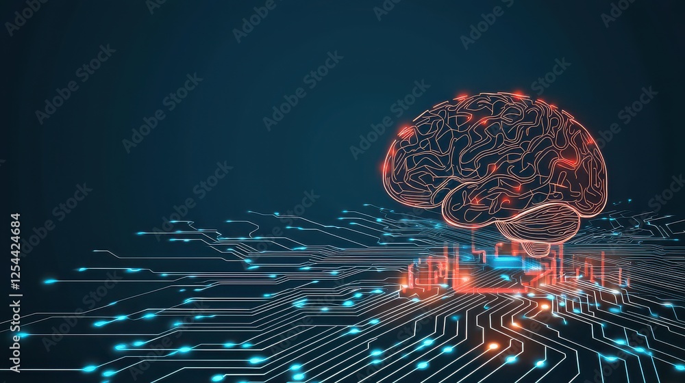 Poster futuristic brain on a circuit board representing ai and tech.