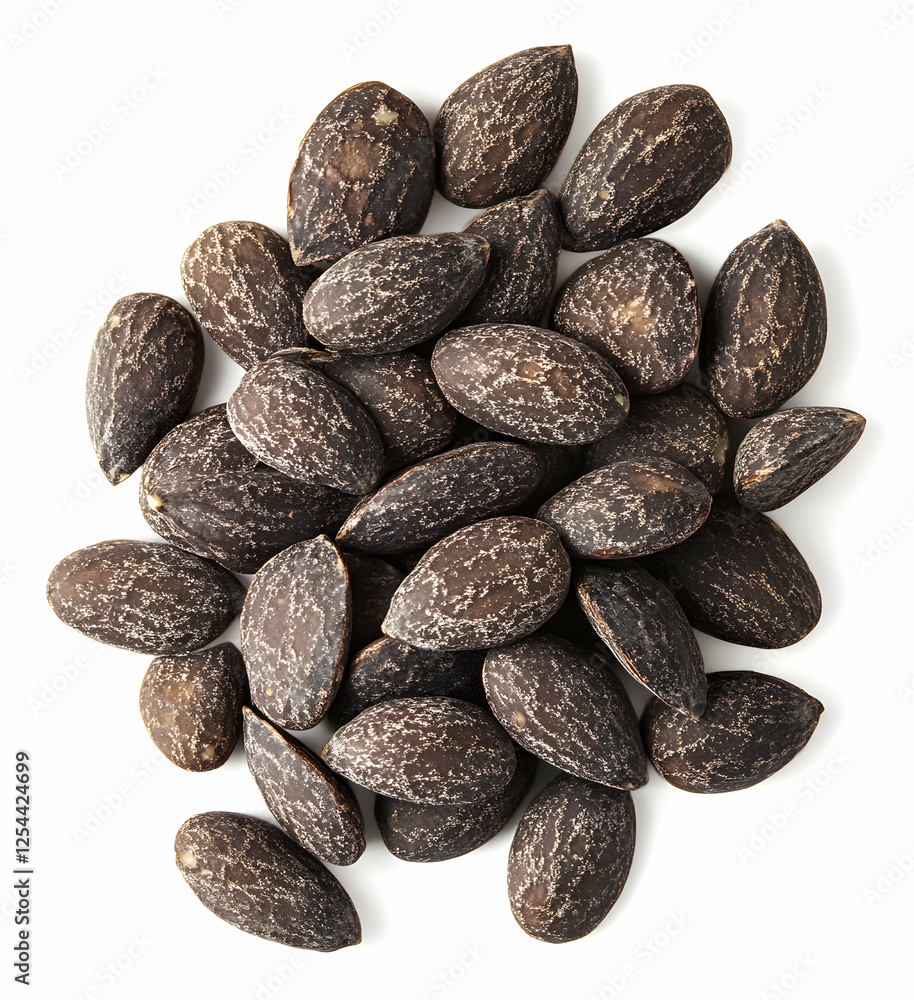 Aufkleber an intriguing heap of cocoa beans against a pristine white backdrop, inviting curiosity about their 
