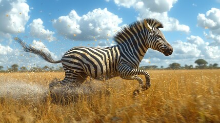 A zebra galloping through golden grasslands under a bright blue sky with fluffy clouds