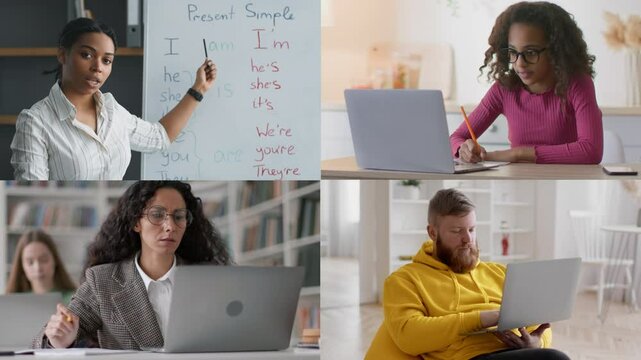 A teacher instructs a class with a whiteboard, while students actively study at home, showcasing diverse learning environments and engagement in English language learning.