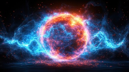 Glowing energy sphere with blue and orange plasma, sparks, and particles.