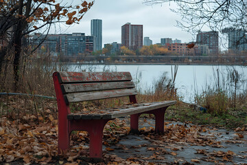 Contemplative pause, Red bench amidst fallen leaves with cityscape backdrop invites reflection and serenity in an urban landscape