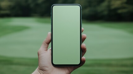 Hand holding smartphone with blank screen on golf course.