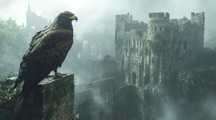 Fototapeta premium Majestic Eagle Perched Atop Ancient Castle Ruins