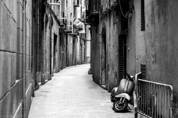 Old European Street Scene Scooter Black and White