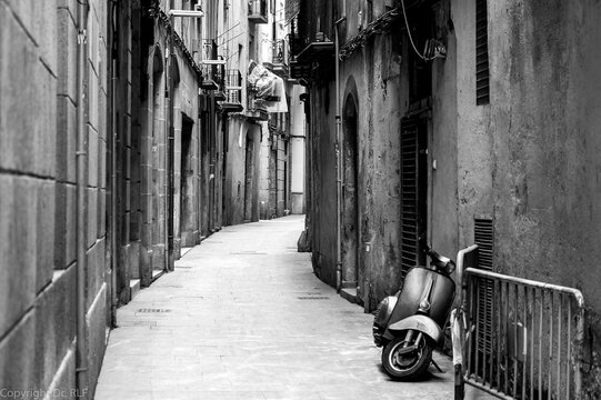 Old European Street Scene Scooter Black and White