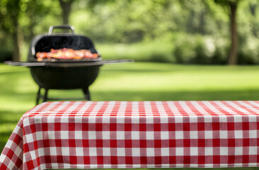 Backyard barbecue scene featuring a red and white checkered tablecloth with a grill in the soft focus background symbolizing outdoor summer dining