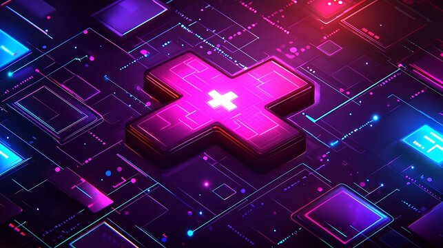 Glowing plus symbol on a dark circuit board with pink and blue lights. Tech graphic.