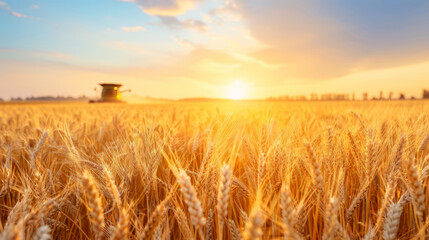 Obraz premium Golden Harvest Sunset: A breathtaking view of a vast wheat field at sunset, with a combine harvester silhouetted against the vibrant sky, showcasing the beauty and abundance of the harvest season. 