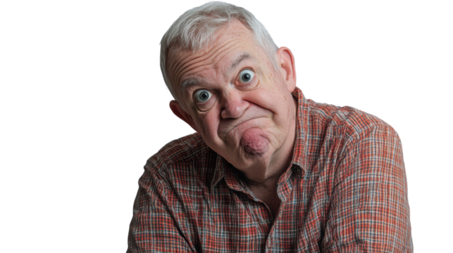 Elderly man making silly expression on transparent background