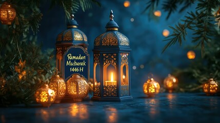 Ramadan Mubarak 1446 H Lanterns: Two ornate lanterns, glowing warmly, take center stage against a moody backdrop of evergreens and soft bokeh lighting, creating a serene and festive atmosphere.