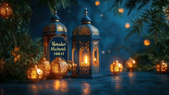 Ramadan Mubarak 1446 H Lanterns: Two ornate lanterns, glowing warmly, take center stage against a moody backdrop of evergreens and soft bokeh lighting, creating a serene and festive atmosphere.