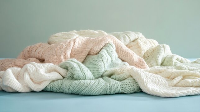 Soft pastel knit sweaters pile, light blue background