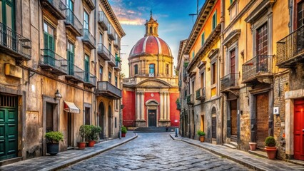 Obraz premium Ancient stone streets of Naples with historic buildings and red-roofed churches in the background