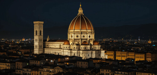 Fototapeta premium Create an image of the Florence Cathedral at night, with its iconic dome and facade glowing against the dark sky.
