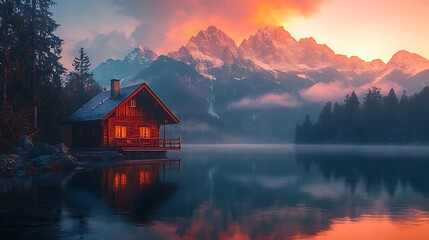 Fototapeta premium Lakeside cabin at dawn, mountains in background, scenic. Possible for travel ads.