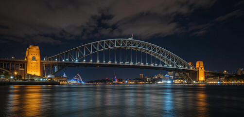 Fototapeta premium Create an image of Sydney Harbour Bridge at night, with the bridge illuminated and its reflection shimmering in the harbor waters.