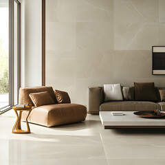Refined Living Space, A Harmony of Neutral Tones and Modern Design Accents for a Serene and Inviting Interior Ambiance Experience